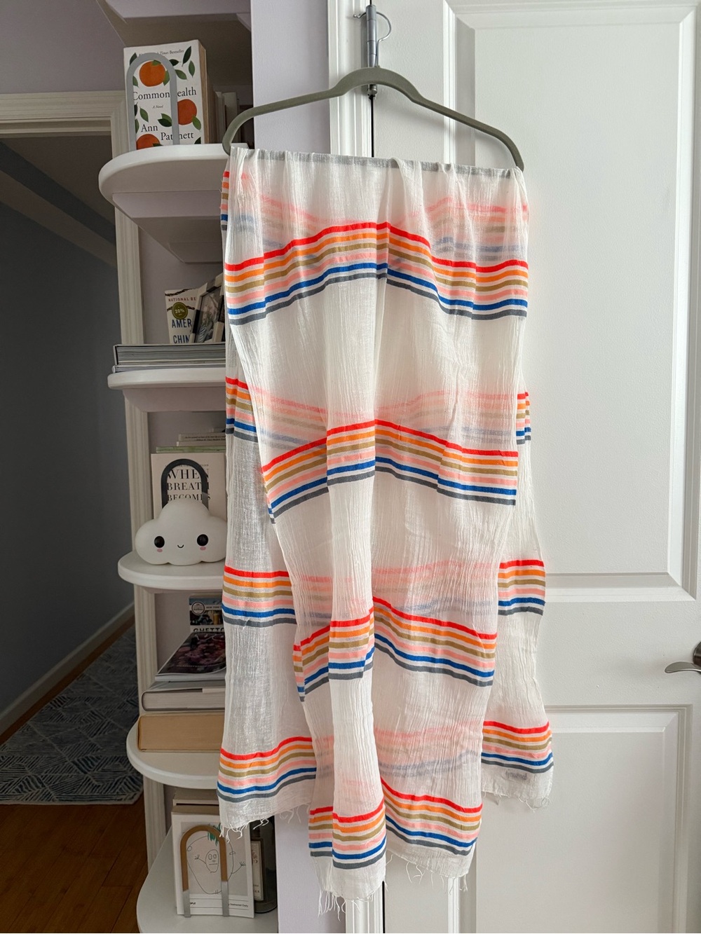 Lemlem White Scarf with Rainbow Stripes - EUC